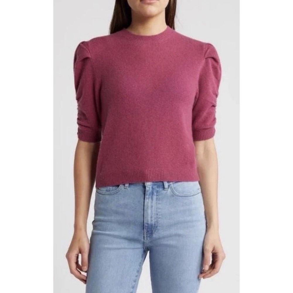 FRAME Ruched Sleeve 100% Cashmere Cropped Sweater in Dragon Fruit Pink Large - Picture 1 of 11